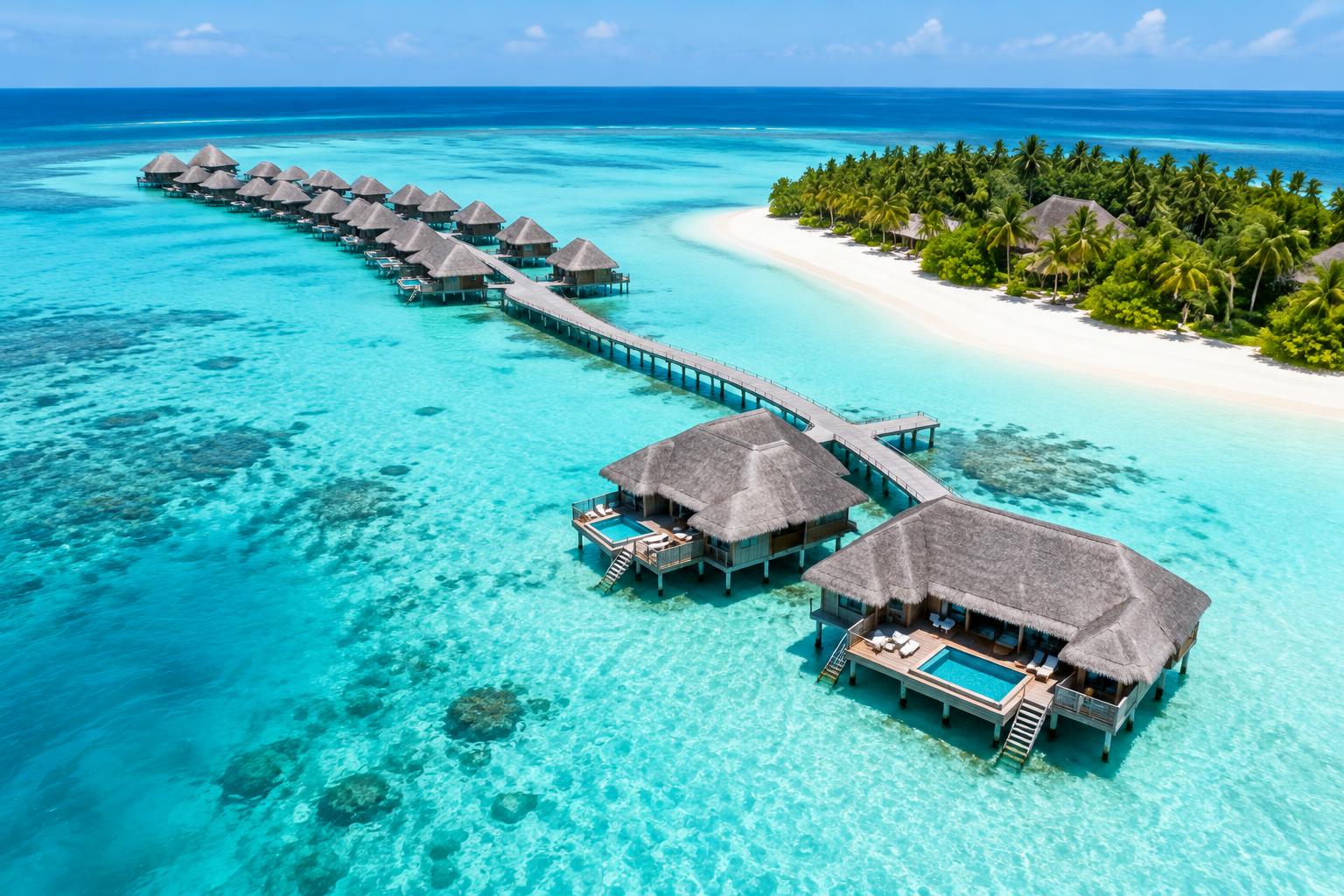 Overwater villas on a turquoise lagoon in the Maldives