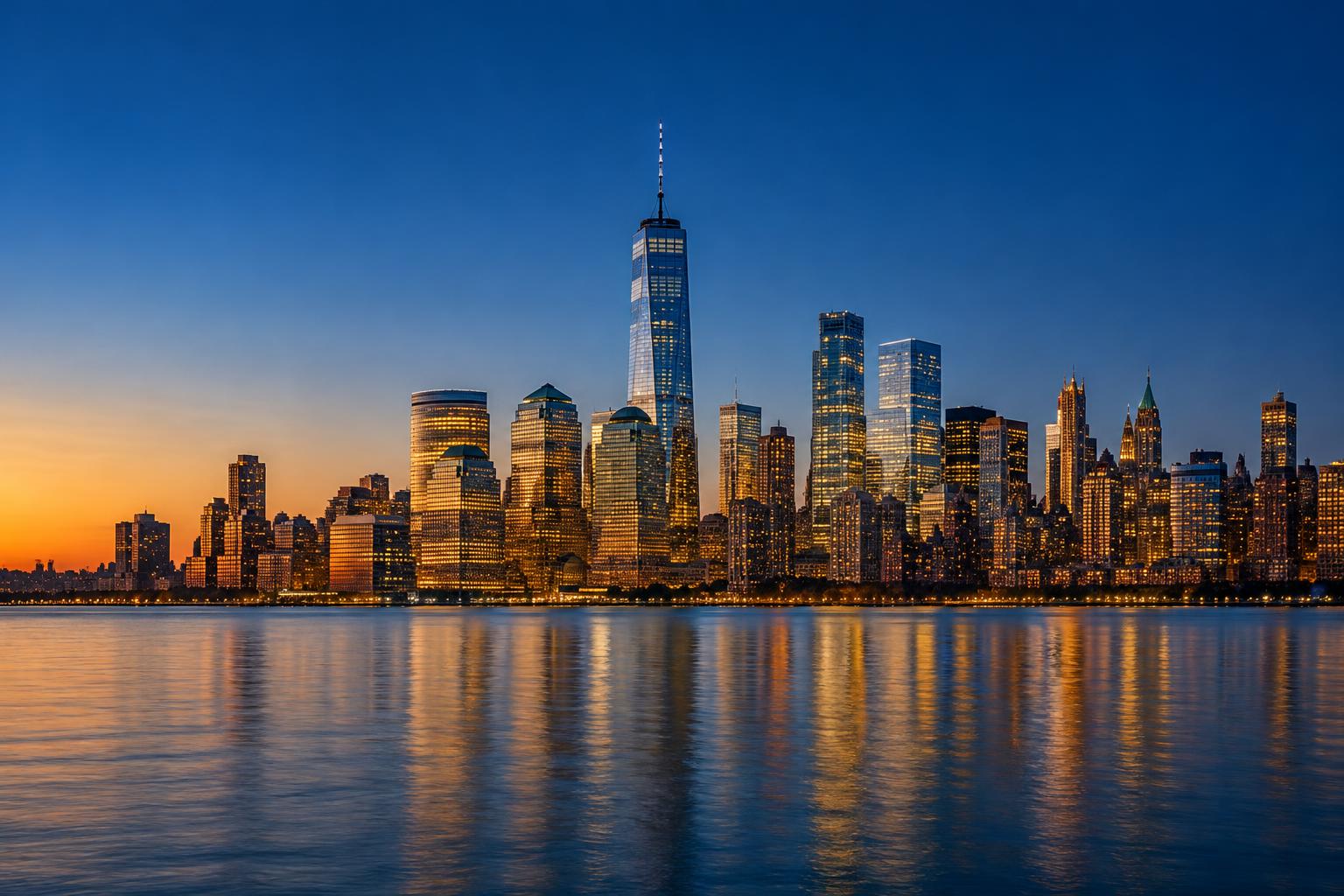 A city skyline at dusk, lit up against a deep blue and orange sky
